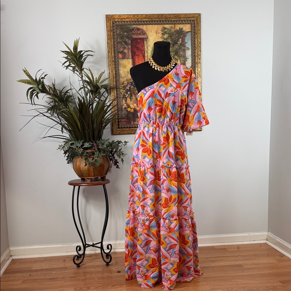 Zebra Girl Collection Floral One-Shoulder Maxi Dress Size Large elastic waist